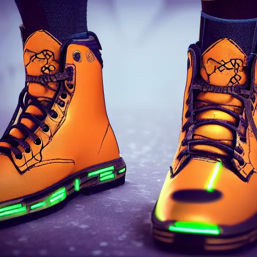 Image similar to a pair of techno neon boots!! in the borderlands 3 style, close - up, cinematic shot, intricate, ornate, photorealistic, ultra detailed, realistic, 1 0 0 mm, photography, octane, high definition, depth of field, bokeh, 8 k, behance, artstation