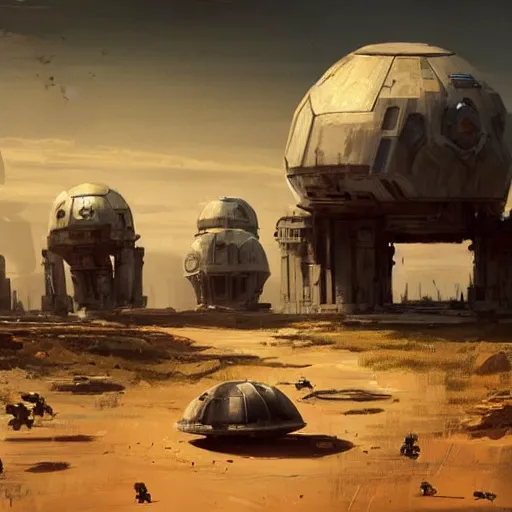 Image similar to star wars concept art by greg rutkowski, brutalist looking domes in the middle of a savannah landscape, cinematic sunset lighting, dramatic atmosphere.