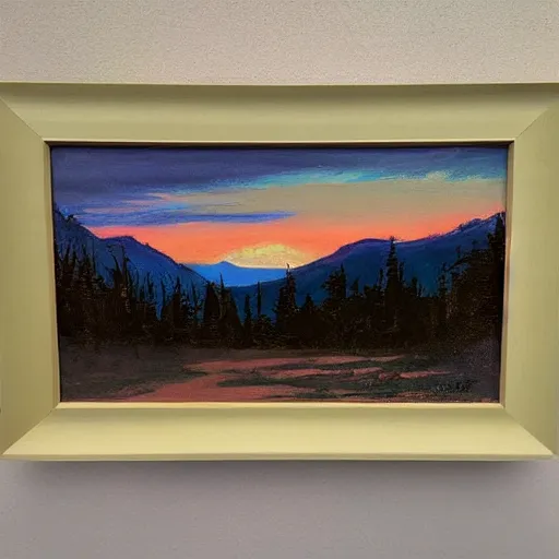 Prompt: beautiful vintage painting, whistler mountain sunset, boho, midcentury, modern, muted pastel colors, top lit, detailed, beautiful solid colors, edge to edge, full frame, intricate, elegant, highly detailed, smooth, sharp focus, high contrast, dramatic lighting, graphic novel, art by bob ross