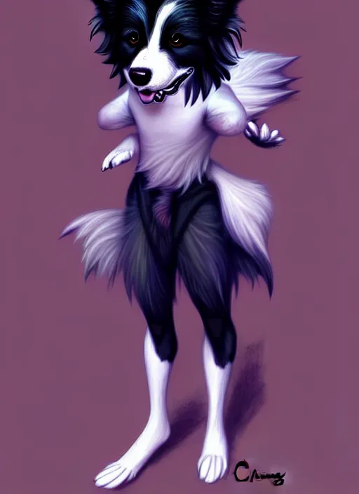 Prompt: full body digital painting of a cute male anthropomorphic border collie fursona wearing a mesh shirt, furaffinity, intricate, elegant, beautiful, fantasy, highly detailed, trending on artstation, art by charlie bowater and henry asencio and and ross tran