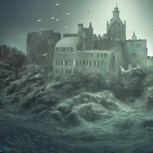 Image similar to underwater Edinburgh Castle, deep underwater, fish shoal, concept art in style of Greg Rutkowki, dynamic moody lighting, 4k, very highly detailed