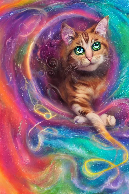 Image similar to Recursive image with a well rounded Calico feline, large eyes, shiny soft fur, anatomically correct, surrounded by swirling wisps of jelly, oil pastels and gold, anime, cartoon, modeled in Poser, Redshift render, UHD