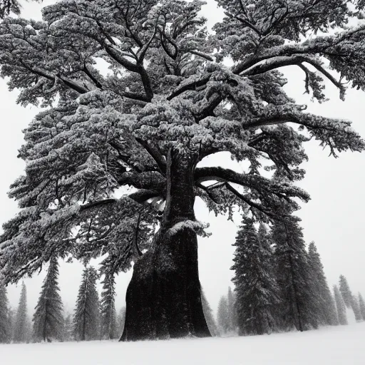 Image similar to a large, monolithic taiga tree in the artic. snowing, grainy, overcast sky.