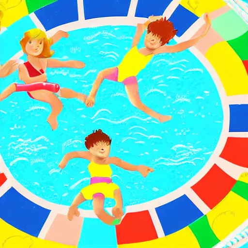 Prompt: a colorful and playful illustration of children playing in a swimming pool