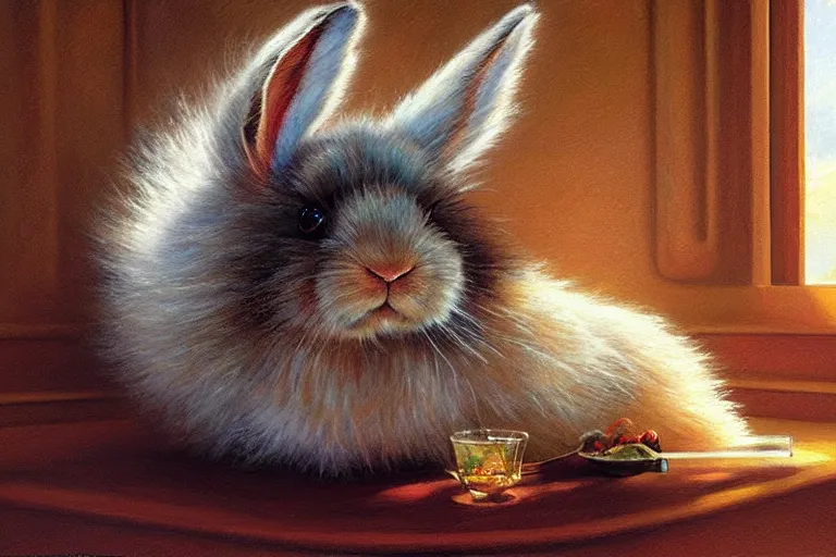 Prompt: A fuzzy rabbit chilling in her mansion, Greg Hildebrandt, Mark Keathley