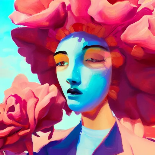 Image similar to closeup, giant rose flower as a head, portrait, girl in a suit, surreal photography, sunrise, blue sky, dramatic light, impressionist painting, digital painting, artstation, simon stalenhag