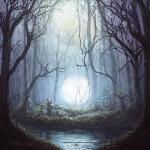 Image similar to highly realistic scenic painting of a towering misty dark fantasy forest surrounding a pond, a rusalka sits on the roots of an ancient tree looking up at the moon, spooky fog, looming trees, beautiful fantasy painting hd