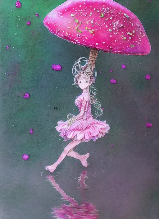 Image similar to A pixy princess with a tattered pink tutu, mushroom umbrella, moss, dewdrops, watercolor, dramatic lighting, cinematic, establishing shot, extremely high detail, foto realistic, cinematic lighting, pen and ink, intricate line drawings, by Yoshitaka Amano, Ruan Jia, Kentaro Miura, Artgerm, post processed, concept art, artstation, matte painting, style by eddie mendoza, raphael lacoste, alex ross,