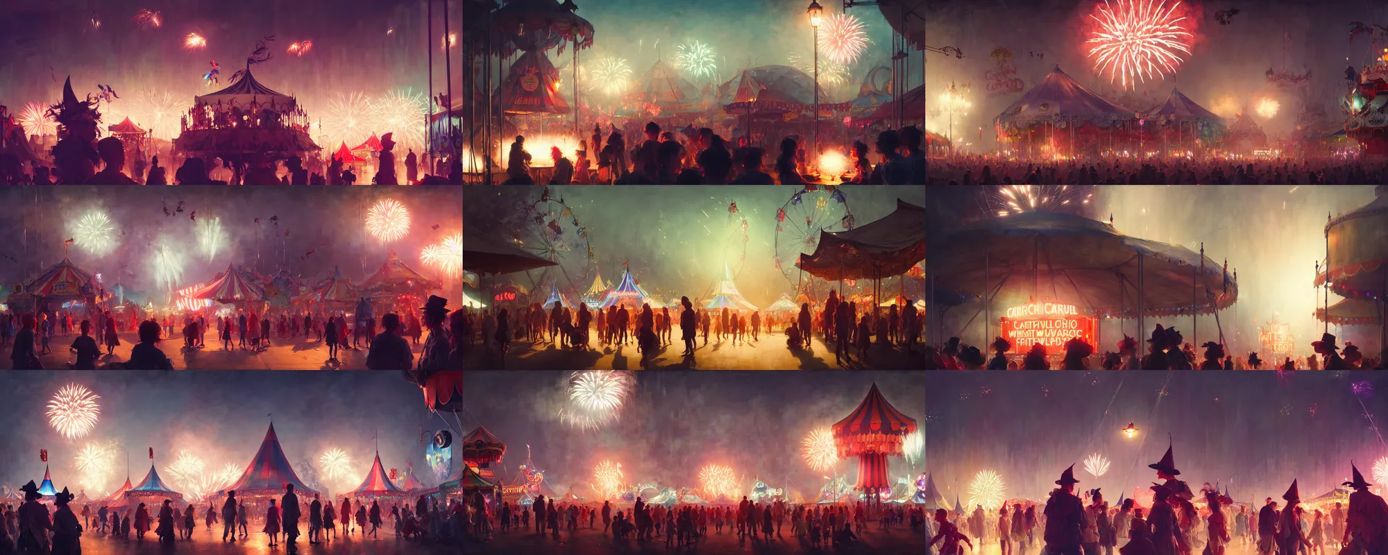 Prompt: close up group of friends exploring the witchlight carnival, small town, amusement stalls, big top circus tent, summer festival night, cinematic, fireworks, illustration, highly detailed, digital painting, concept art, matte, art by ruan jia and wlop and greg rutkowski and makoto shinkai, masterpiece