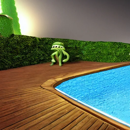 Prompt: cthulu going for a swim, swimming pool, 4 k,