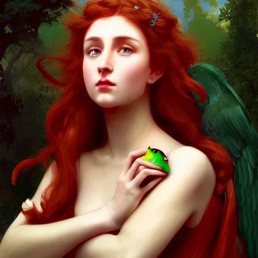 Image similar to a beautiful stunning fantasy whimsical matte digital portrait illustration of a pretty womam with bright green eyes and fiery red hair with a green bird on her shoulder, in the style of William Adolphe-Bouguereau and Marc Simonetti, magic the gathering, trending on artstation, contest winner