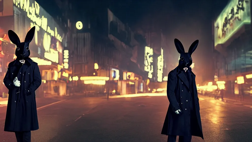 Image similar to a man in a trench coat wearing a black rabbit mask in front of a night club, film still from the movie directed by Denis Villeneuve with art direction by Salvador Dalí, wide lens