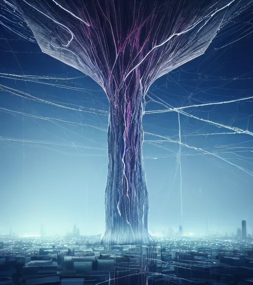 Image similar to surreal neuron city tower, only a flash of light breaking the waves, made of crystalized synapse, aerial iridecent veins, moonbow, in the desert, foggy sky, dark starry night, octane render, unreal engine, pale colors, high detail, 8 k, wide angle, trending on artstation, behance