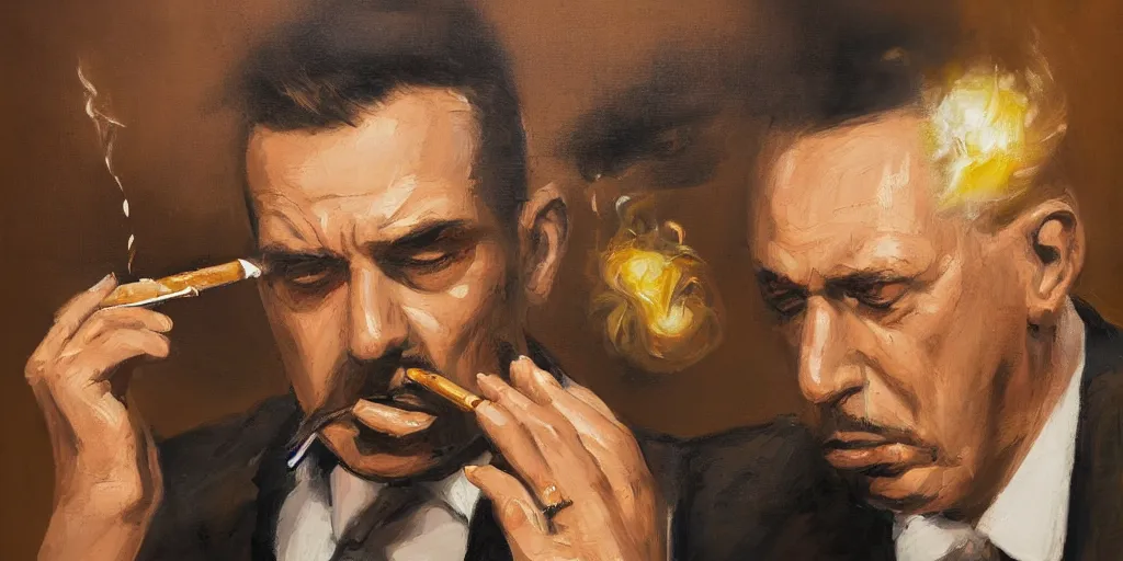 Image similar to abstract oil matte portrait painting, mafia boss smoking a cigar at his 5 0 s new york office desk, wonderful masterpiece highly detailed, beautiful cinematic light deep focus, elegant, digital painting, smooth, sharp focus, golden ratio, dramatic illumination, ultra realistic, 8 k, art by jimmy law