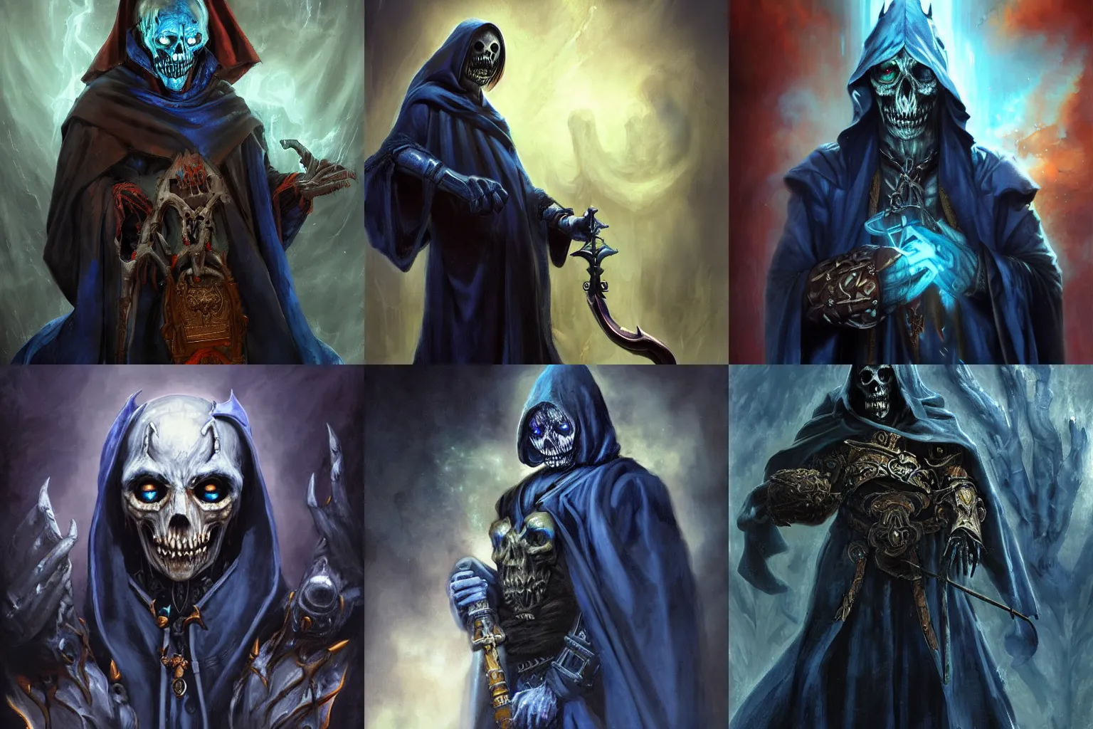 Image similar to undead lich with missing limb (left hand) and missing left eye, dressed in dark blue robes, fantasy, epic, portrait painted by raymond swanland