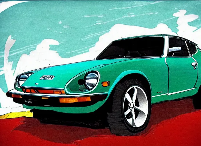 Image similar to a datsun 2 4 0 z in the art style of blake, quentin