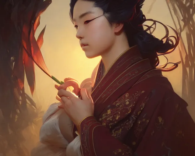 Prompt: photography of tanjiro kamado, deep focus, japanese fantasy, intricate, elegant, highly detailed, digital painting, artstation, concept art, matte, sharp focus, illustration, hearthstone, art by artgerm and greg rutkowski and alphonse mucha