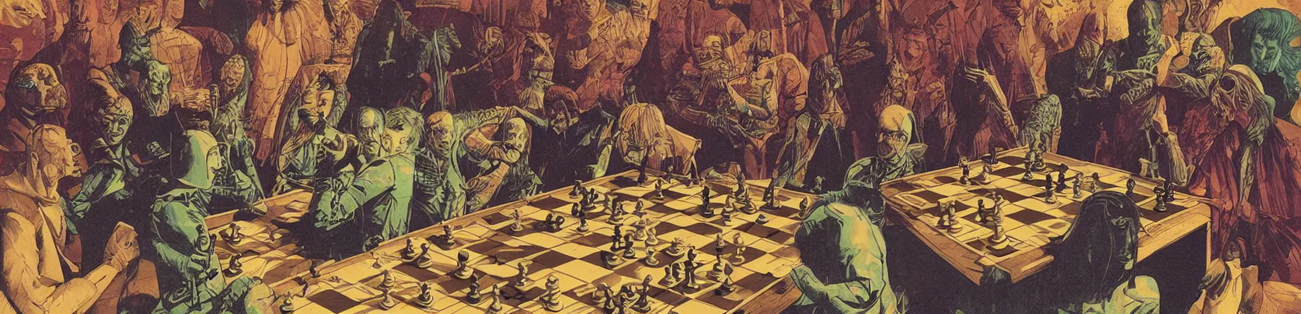 Prompt: chess tournament, psychedelic grainshading print, moebius, richard corben, wayne barlowe, galactic light colors