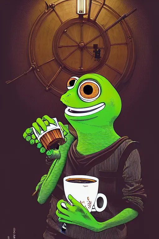 Image similar to pepe the frog drinking coffee, dynamic lighting, rotary symmetrical, 8 0 0 mm, unreal, depth detailed, by bambang nurdianshyah, garis edelweiss, roby dwi antono and ayami kojima, takato yamamoto, barclay shaw, karol bak, yukito kishiro, norman rockwell.