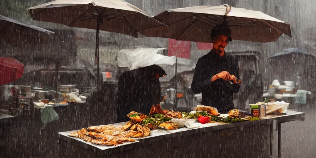 Prompt: Street food vendor prepares your meal as it rains, cozy wallpaper, 4k, trending on Artstation, award-winning, art by Greg Rutkowski