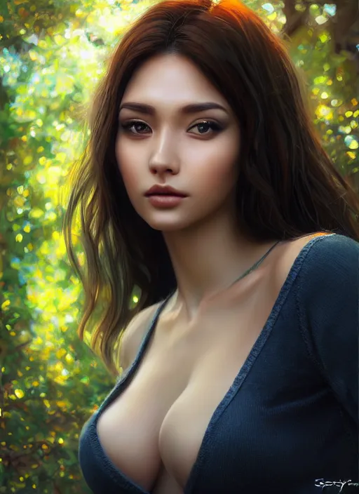 Image similar to photo of a gorgeous female in the style of stefan kostic, realistic, half body shot, sharp focus, 8 k high definition, insanely detailed, intricate, elegant, art by stanley lau and artgerm, bokeh foliage