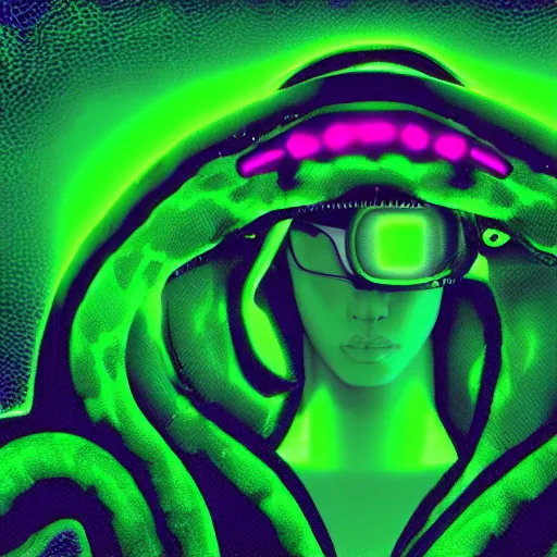 Image similar to green python snake head in hoodie, portrait, vaporwave, synthwave, neon, vector graphics, cinematic, volumetric lighting, f 8 aperture, cinematic eastman 5 3 8 4 film, photorealistic