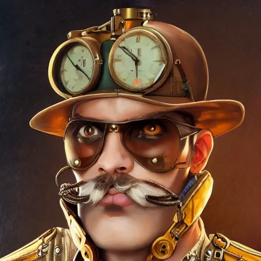 Prompt: Three quarters portrait of a male steampunk character with a moustache, highly detailed, digital painting, art by Stanley Lau and Artgerm and magali villeneuve and Alphonse Mucha, artstation, octane render, cgsociety