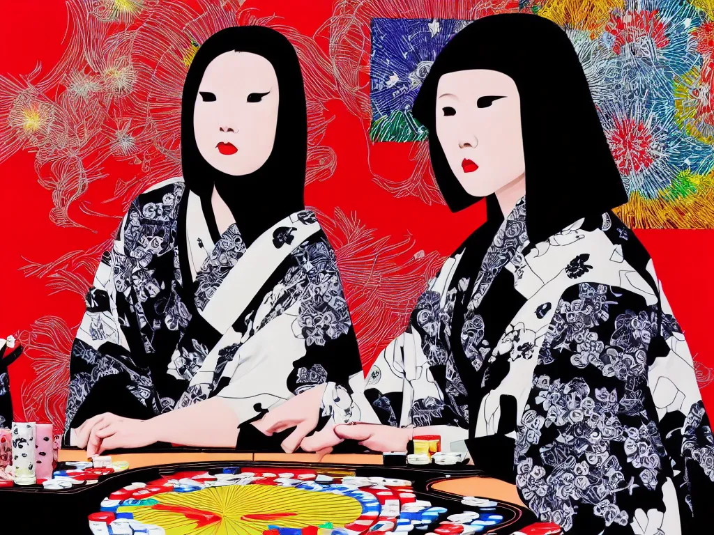 Image similar to hyperrealistic composition of the detailed woman in a japanese kimono sitting at a poker table with detailed darth vader, fireworks, mount fuji on the background, pop - art style, jacky tsai style, andy warhol style, acrylic on canvas