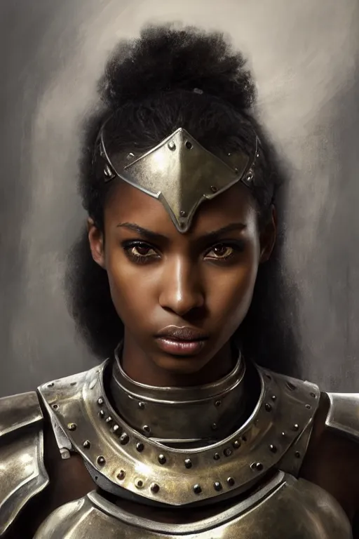 Image similar to a photorealistically painted portrait of an attractive young black girl, partially clothed in metal-plated battle armor, with an abstractly painted background, flawless olive skin, fair complexion, long dark hair, beautiful bone structure, perfectly symmetric facial features, perfect photorealistic eyes, natural physique, intricate, elegant, digital painting, concept art, finely detailed, beautifully illustrated, sharp focus, minimal artifacts, volumetric lighting, from DOOM and Halo, by Ruan Jia and Mandy Jurgens and Artgerm and William-Adolphe Bouguerea, in the style of Greg Rutkowski, trending on Artstation, award winning art