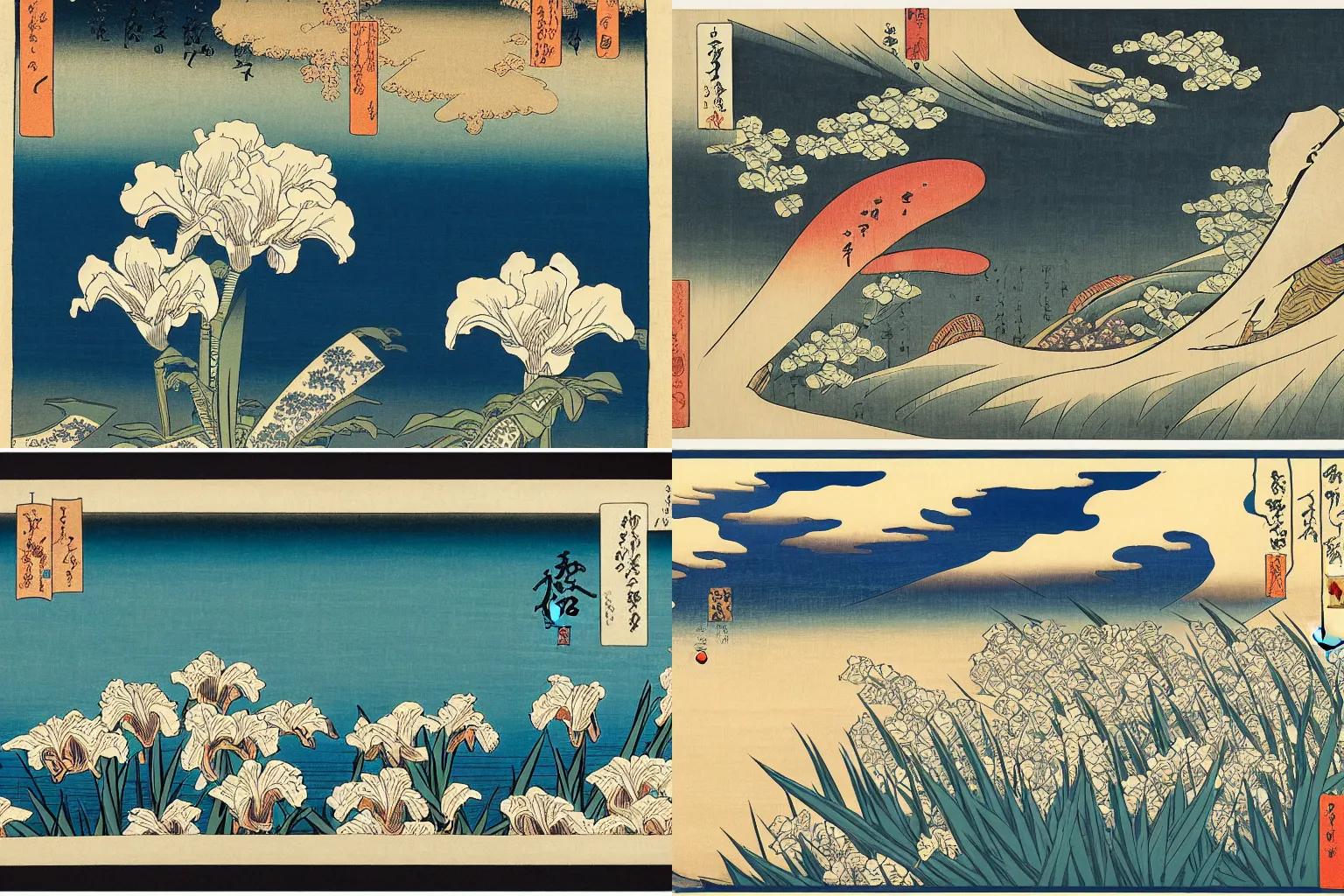 Prompt: an awe inspiring ukiyo - e print of irises in a scenic environment by katsushika hokusai and utagawa hiroshige, masterpiece, hyperdetailed, intricate, complex, 4 k