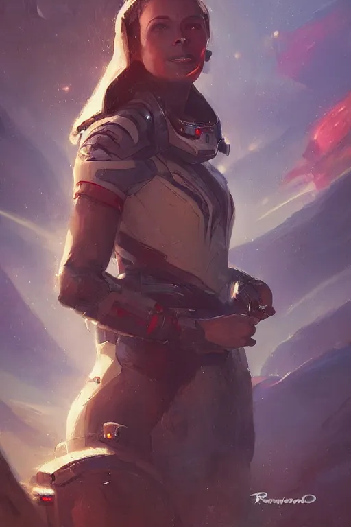 Image similar to A full portrait of a scifi heavy deep space freighter pilot, by Raymond Swanland Greg Rutkowski Lise Deharm, {perfect face}, {perfect eyes}, elegant regal posture