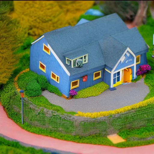 Image similar to diorama of The Simpsons' house, 742 Evergreen Terrace, tilt-shift photography, highly detailed