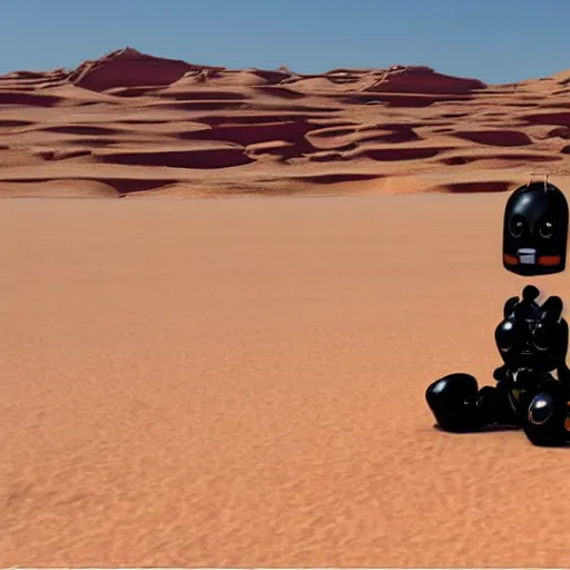 Prompt: robot marduder lost in sahara, photo realistic, highly detailed