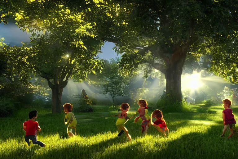 Image similar to kids in the garden are playing, sun breaks through the apple tree, green everywhere, sun, happy, joy, 4k, ultra details, cinematic, epic style, beautiful photo, hyper realistic, octane render, unreal engine, award winning, on artstation, volumetric lightning, masterpiece, golden hour,