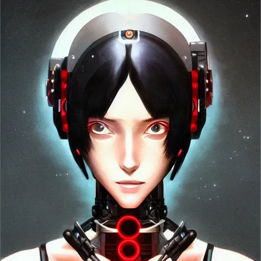 Image similar to A beautiful cyborg woman with big and cute eyes || ANIME, fine-face, red and black robotic parts, realistic shaded perfect face, fine details. Anime. realistic shaded lighting poster by Ilya Kuvshinov katsuhiro otomo ghost-in-the-shell, magali villeneuve, artgerm, Jeremy Lipkin and Michael Garmash, Rob Rey and Kentarõ Miura style, trending on art station