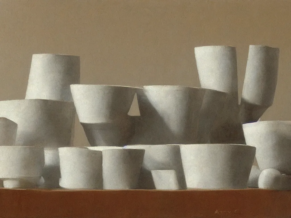 Prompt: ceramic bowls, sculptures catching water from the rain. Painting by Morandi