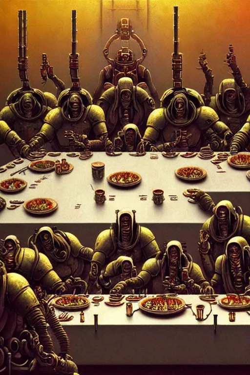 Image similar to painting of tech priests dining at the last supper, adeptus mechanicus!, cybernetic enhancements attached to his body, praise the omnissaiah, zdzislaw beksinski, lewis jones, mattias adolfsson, warhammer 4 0 k!!, cold hue's, warm tone gradient background, concept art, digital painting