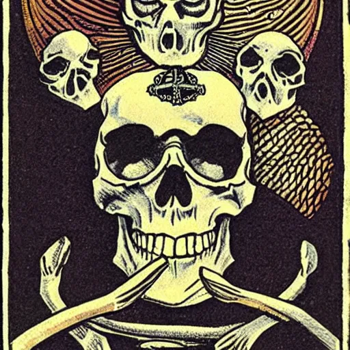 Prompt: an occult tarot card, death, skulls, clever design