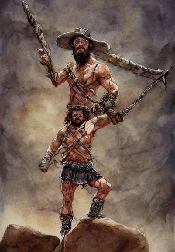 Image similar to randy savage with an anchor weapon slung over his shoulder and foot heroically on a boulder posing alone in desolate wasteland | portrair | fantasy watercolour painting | middle earth | conan | darksun | d & d dungeons and dragons | barbarian