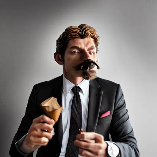 Image similar to a lion smoking a cigar wearing a suit, subject= lion, subject detail: wearing a suit, subject action: smoking a cigar, dramatic lighting, cinematic lighting, establishing shot, photorealistic, high details, cinematic, 8k resolution, extremly detailed, photorealistic, artstation, unreal engine