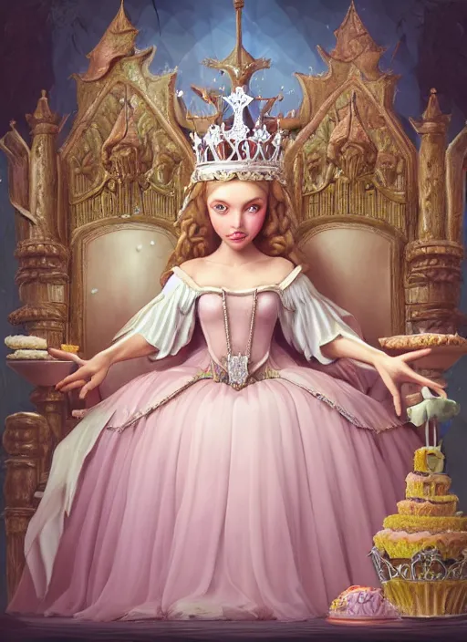 Prompt: highly detailed closeup, low - poly hands, portrait of a fairytale medieval princess wearing a crown and sitting on a throne eating cakes, unreal engine, low - poly hands, nicoletta ceccoli, mark ryden, earl norem, lostfish, global illumination, god rays, detailed and intricate environment