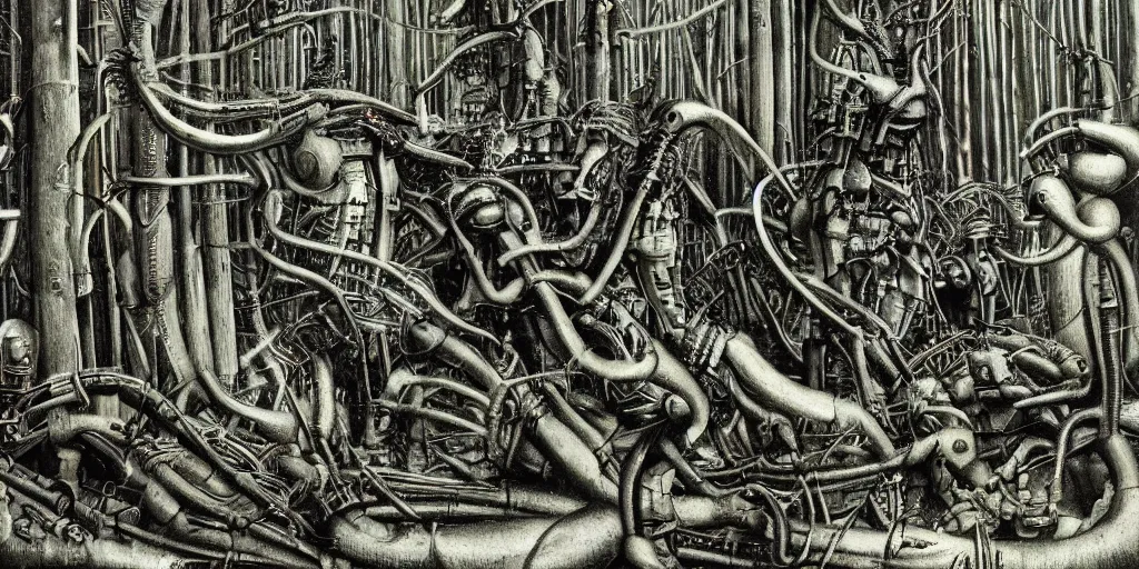 Image similar to 10000 robots fighting in the forest H.R. Giger. high details. photorealistic