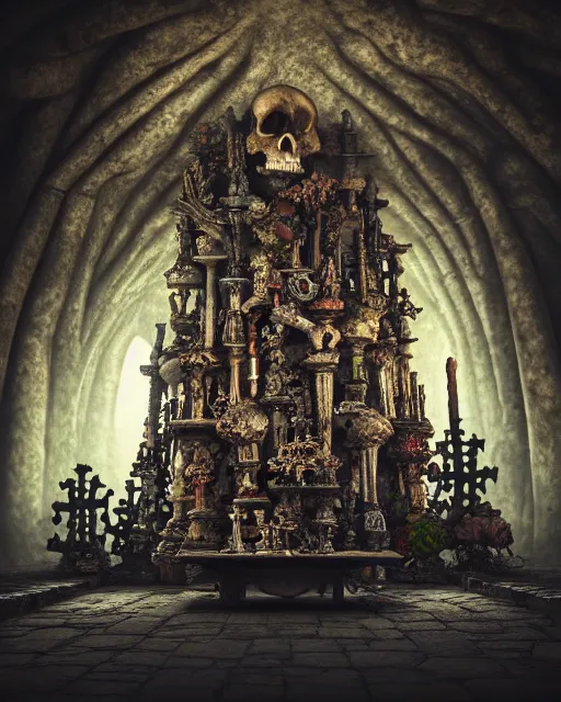 Prompt: full color, low ultrawide interior shot of sedlec ossuary, bones, anime style mixed with fujifilm, dark, foggy, atmospheric, artstation, cgsociety, octane render, cgi, denoise, detailed, cinematic masterpiece