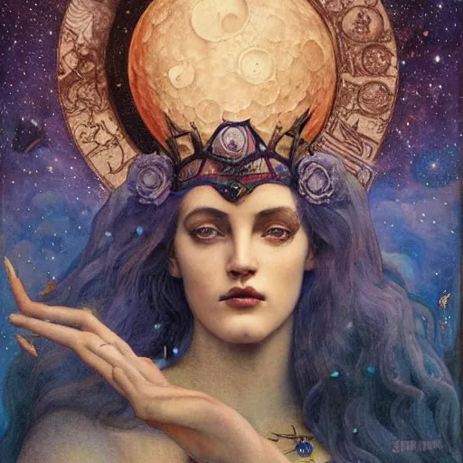 Image similar to queen of the moon with stars in her hair, by tino rodriguez and annie swynnerton and nicholas roerich and jean delville and donato giancola and tom bagshaw and lucien freud, dramatic lighting, goth tattoos, rich colors, smooth sharp focus, extremely detailed, adolf wolfli