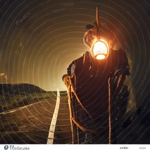 Image similar to justin sun tied to train tracks, bound in rope and chains, beautiful cinematic lighting, epic composition, approaching train headlight