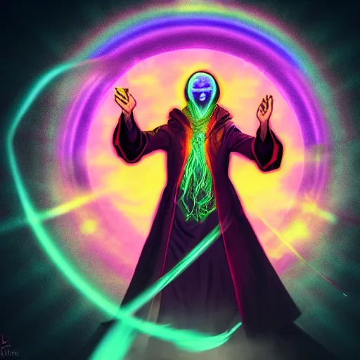 Prompt: a warlock is casting a magic spell, while magic orb is floating in his hand, the magic orb emit a rainbow vapour, dynamic pose, chromatic aberration , medium level shot, Mucha style , Grim fantasy, illustration ,concept art,