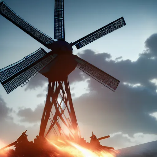 Image similar to gundam as dutch windmill in gundam, gundam is windmill shaped, dutch windmill gundam, in gears of war, splash art, movie still, cinematic lighting, ray tracing, octane render, long lens, shallow depth of field, bokeh, anamorphic lens flare, 8 k, hyper detailed, 3 5 mm film grain