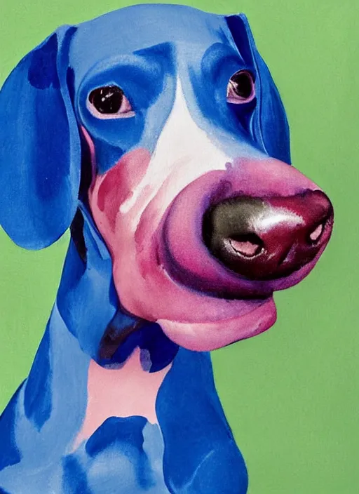 Image similar to Pink and Blue dachshund, painted by Georgia O'Keeffe, very detailed, with folds, 8k