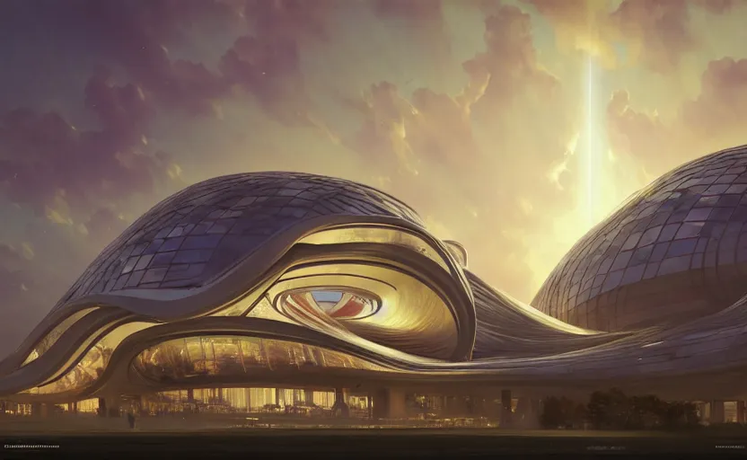 Image similar to exterior shot of utopian architecture building with cinematic lighting by zaha hadid and renzo piano, darek zabrocki and greg ruthkowski, alphonse mucha, simon stalenhag, cinematic, stars, beautiful, holy place, paradise, scifi, futurism, atmospheric, sunset, concept art, artstation, trending on artstation