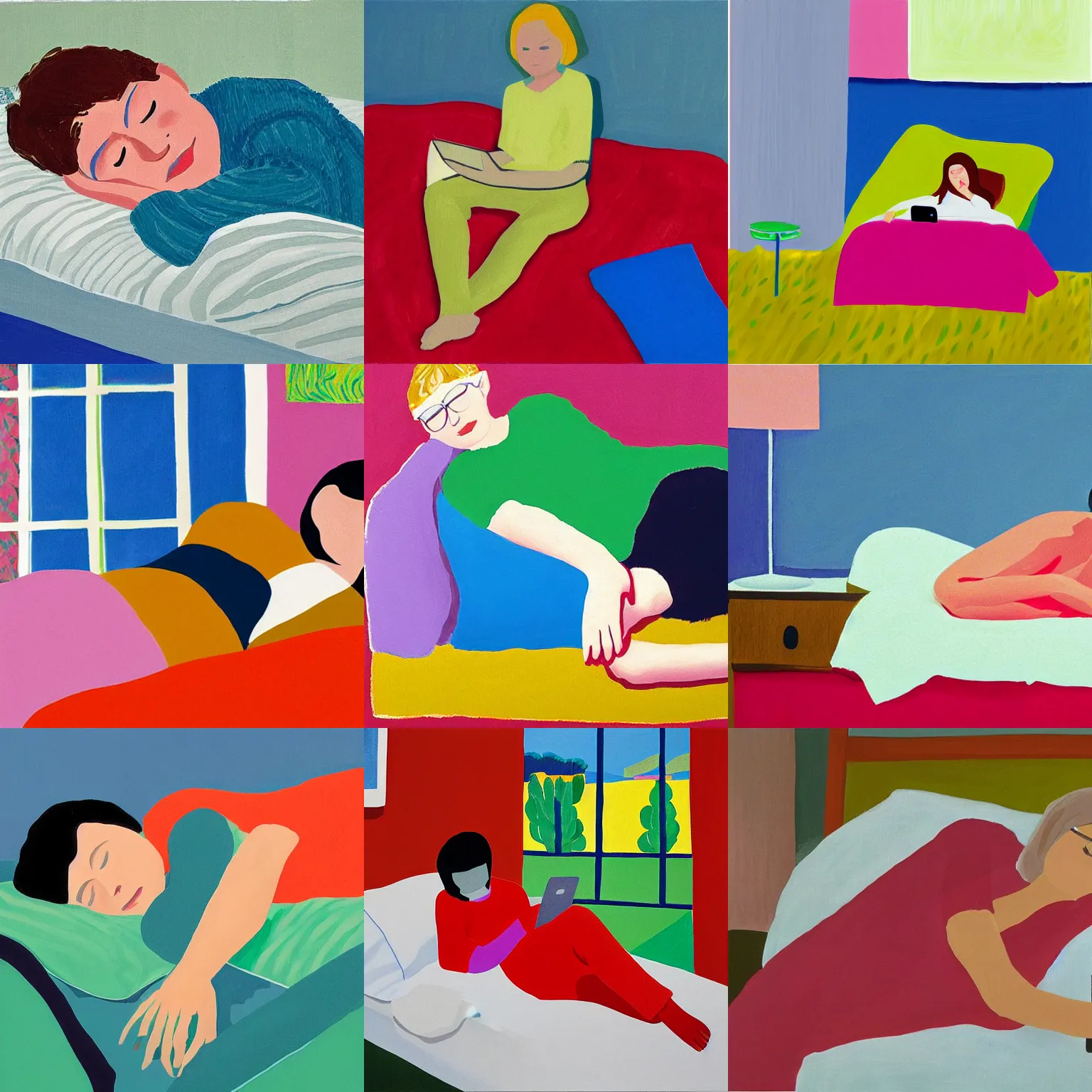 Prompt: cosy girl in bed with her phone painting by david hockney